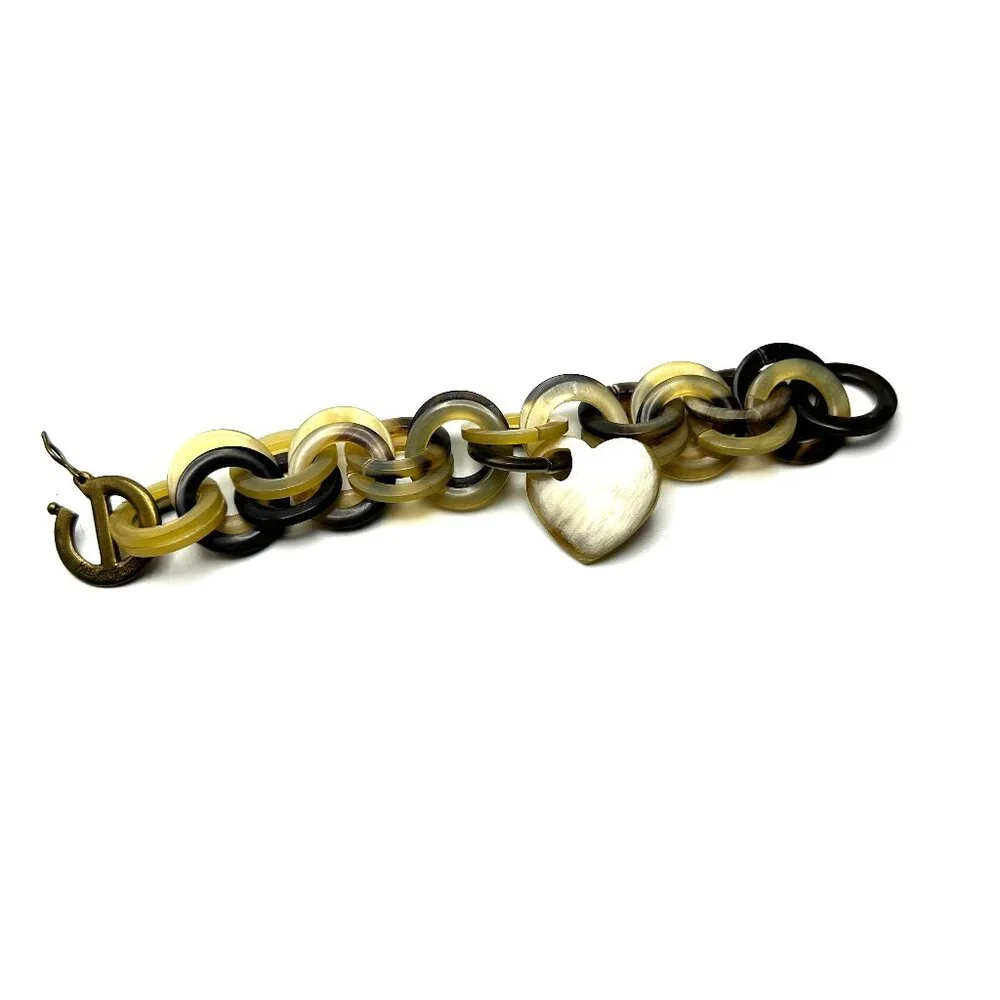 Vintage 1980s YSL Carved Horn Chain Link Bracelet— Heart Charm — Signed — EUC - Picture 4 of 10